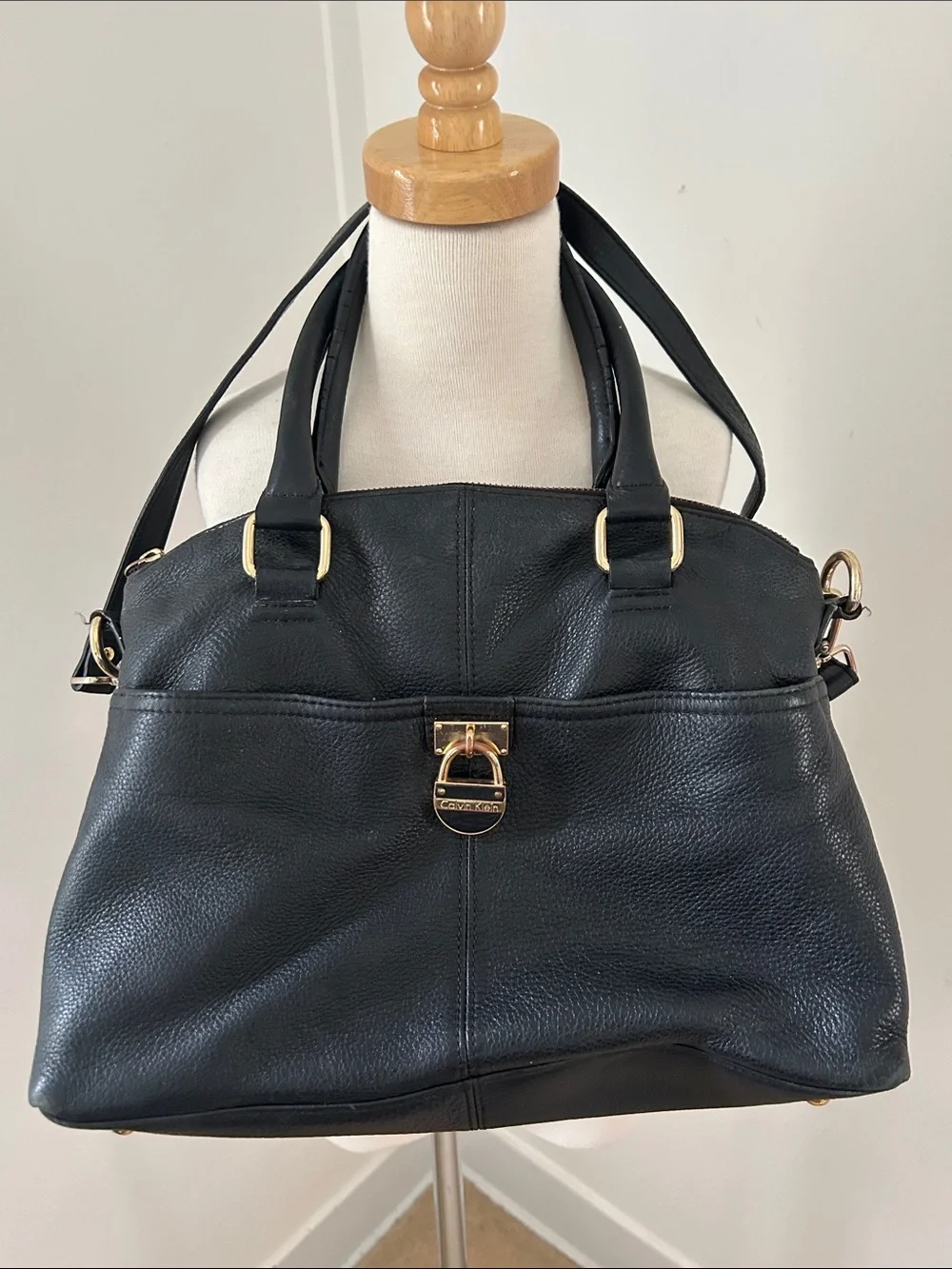 Calvin Klein Black Pebbled Leather Satchel with Gold Hardware