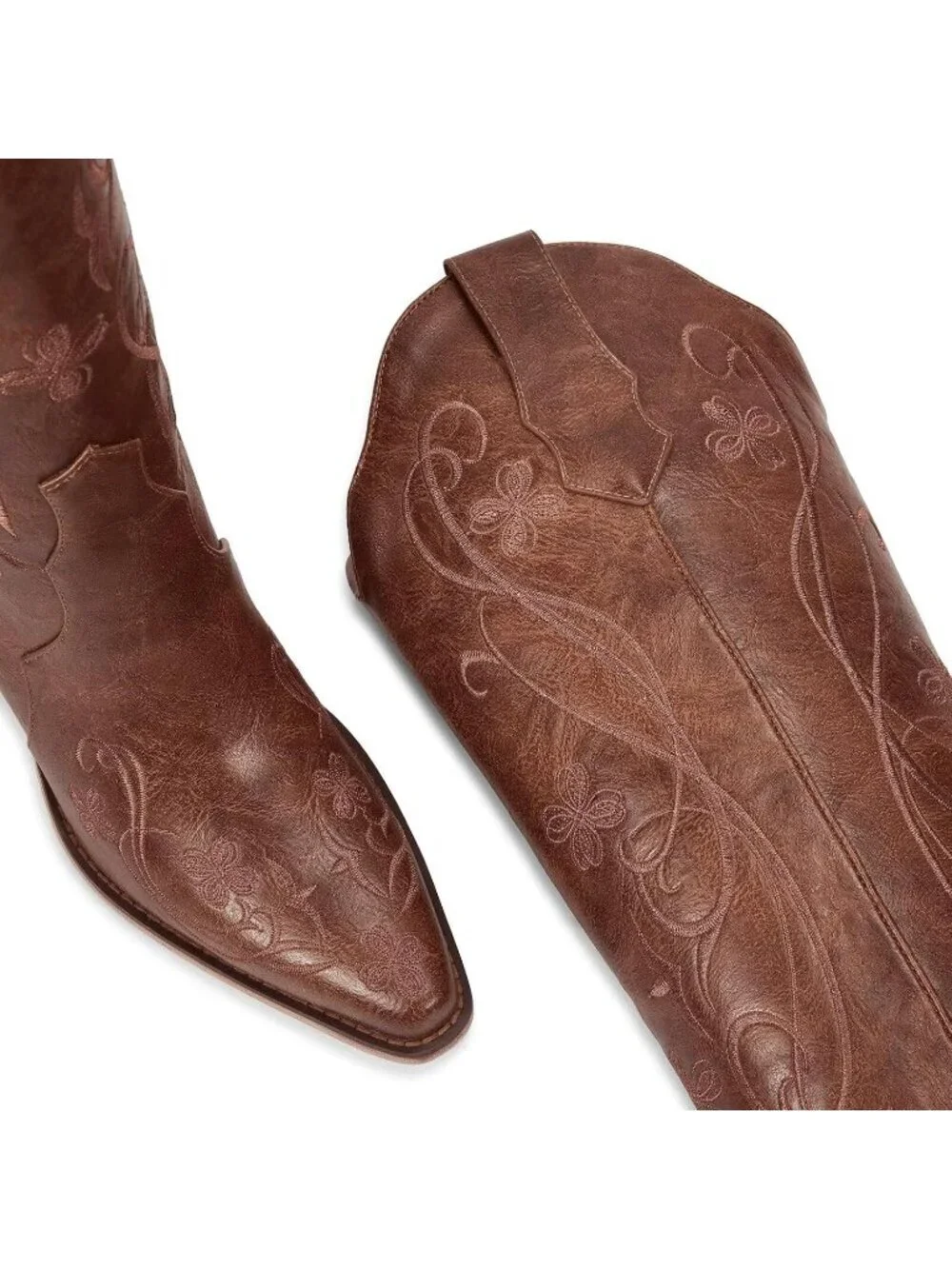 Women's Brown Floral Knee High Cowgirl Boots Embroidered Pointed Toe Chunky Heel