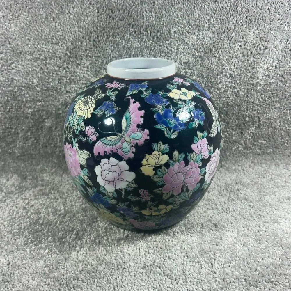Ginger Jar Black Millefleur Butterfly Floral Decorative China 7in Modern