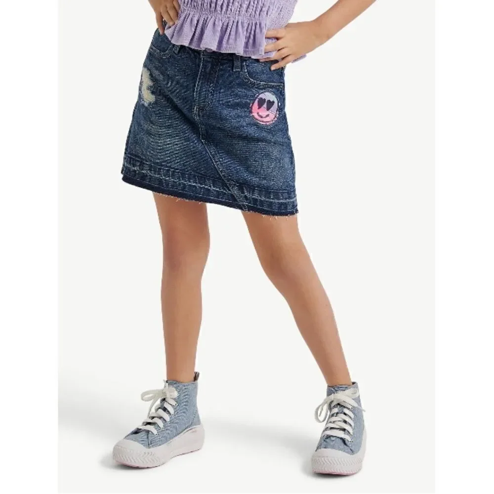 Justice Girls High Rise Icon Destructed Denim Skirt, Size XL 16/18