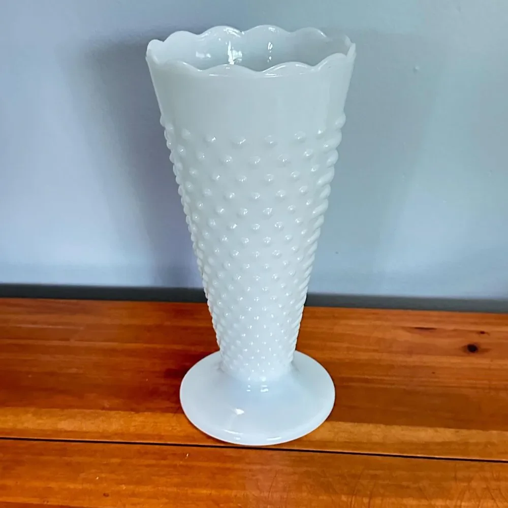 Vintage Anchor Hocking White Milk Glass Hobnail Trumpet Vase 9.75