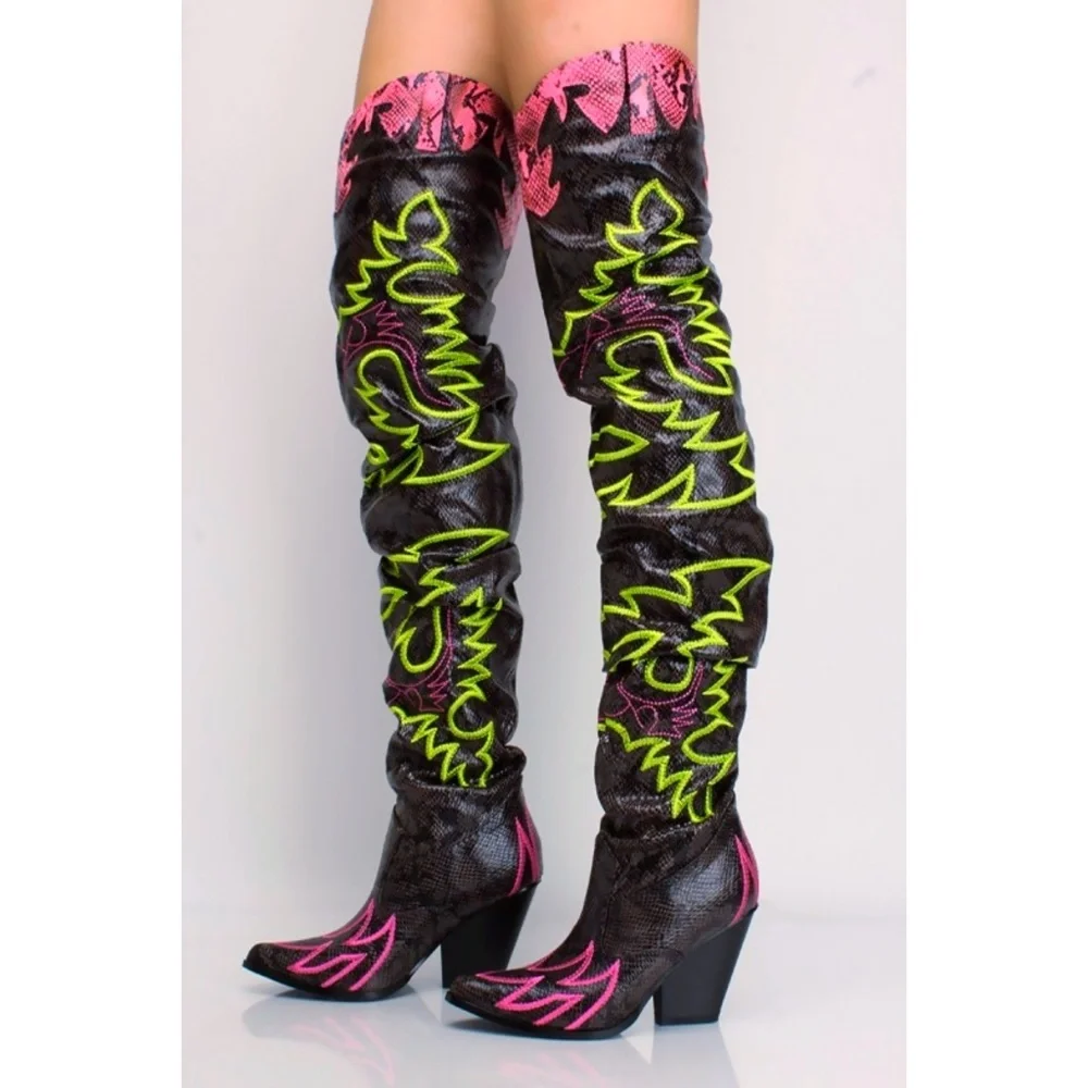 Sarah Siah Black Over-the-Knee Boots with Neon Green and Pink Embroidery