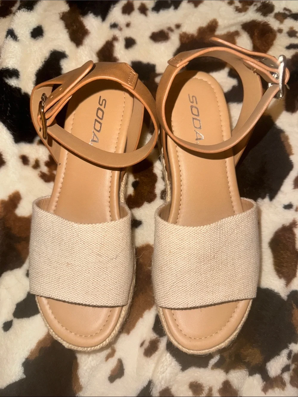 Soda Beige Canvas Espadrille Platform Sandals with Tan Ankle Strap