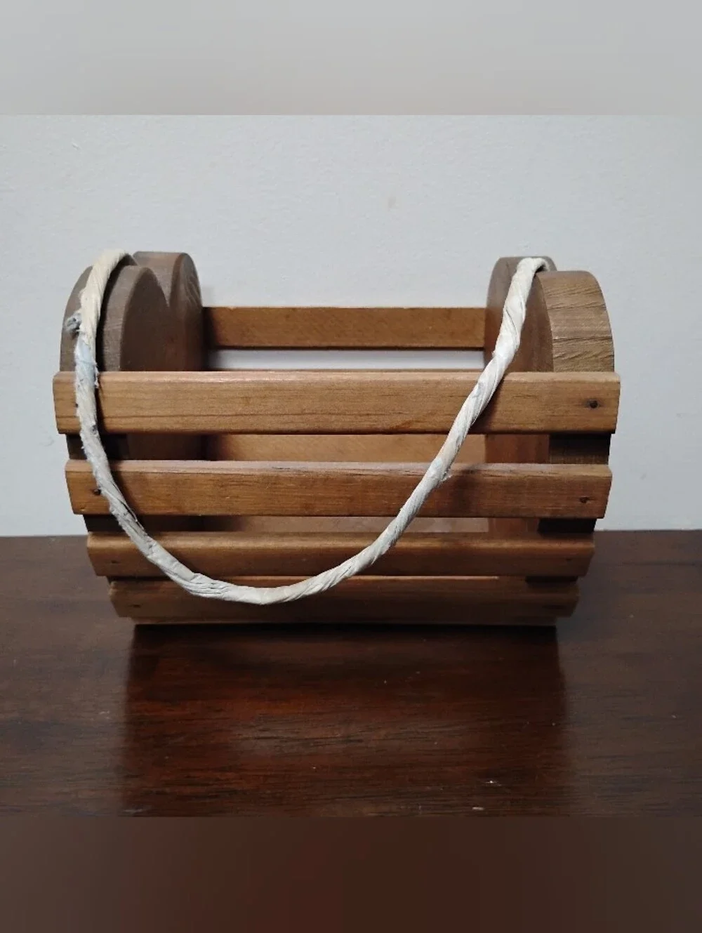 Primitive Wood Slatted Basket with Rope Handle 