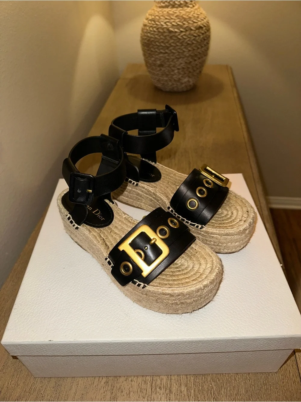 D-Dior Black Calfskin Espadrille Platform Sandals