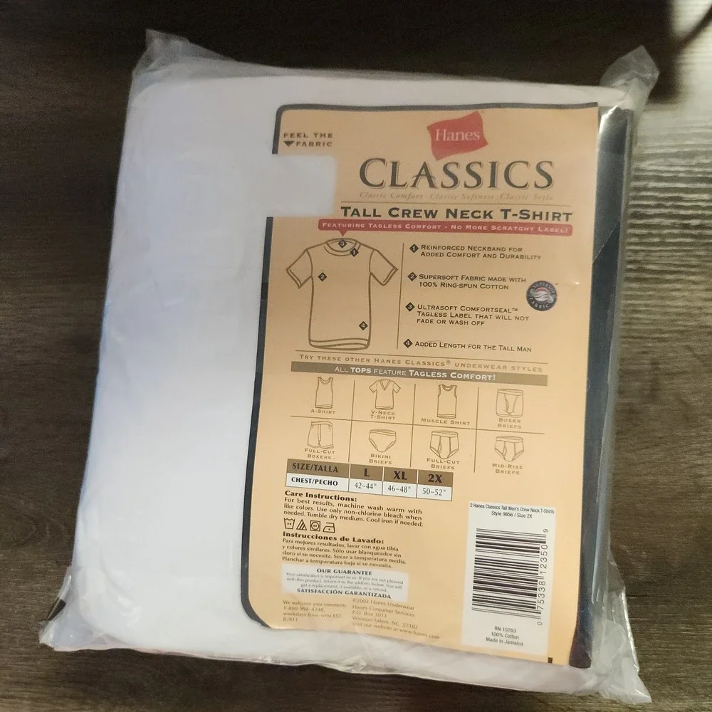 Vintage‎ Hanes 2 PK Classics Crew Neck Shirts Mens 2X (50-52) Cotton Tagless NEW