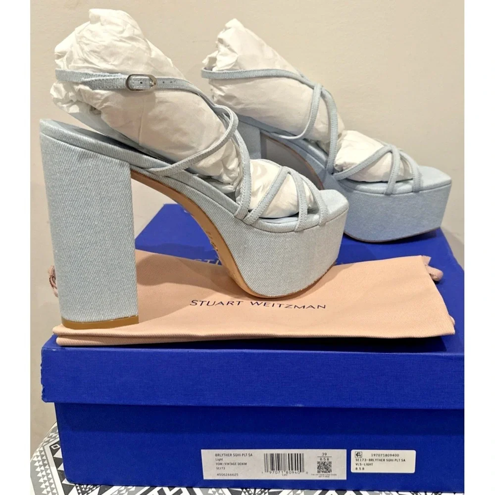 Stuart Weitzman EU 39/8.5B Barely There Sq Hi Platform‎ Sandals Vint Light Denim