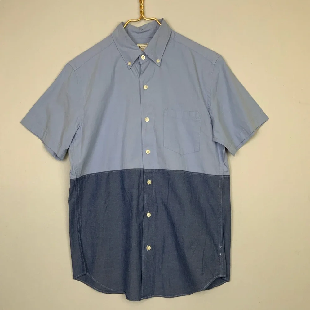 J. Crew Sz Small Blue Colorblock Sunwashed Oxford Button Down Short Sleeve Shirt