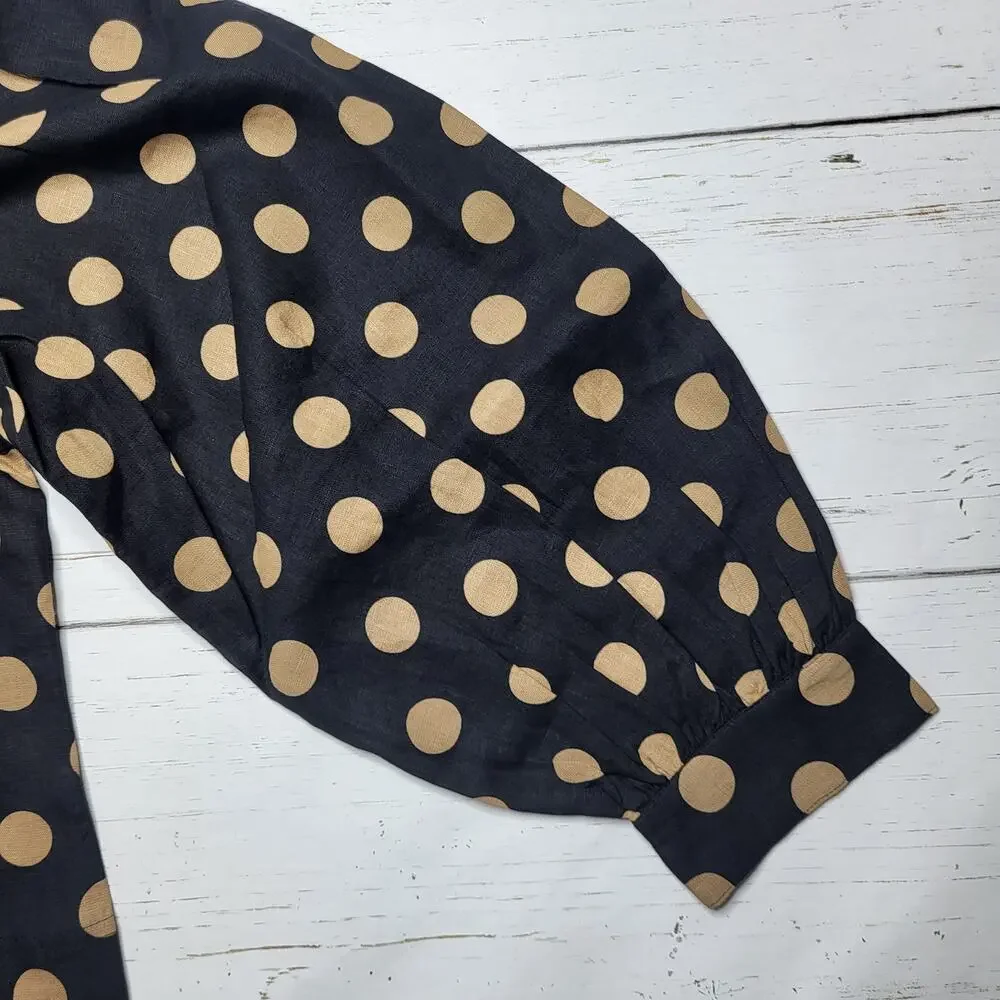 J Crew Linen Square Neck Button Down Top Black Tan Polka Dot Puff Sleeve Small