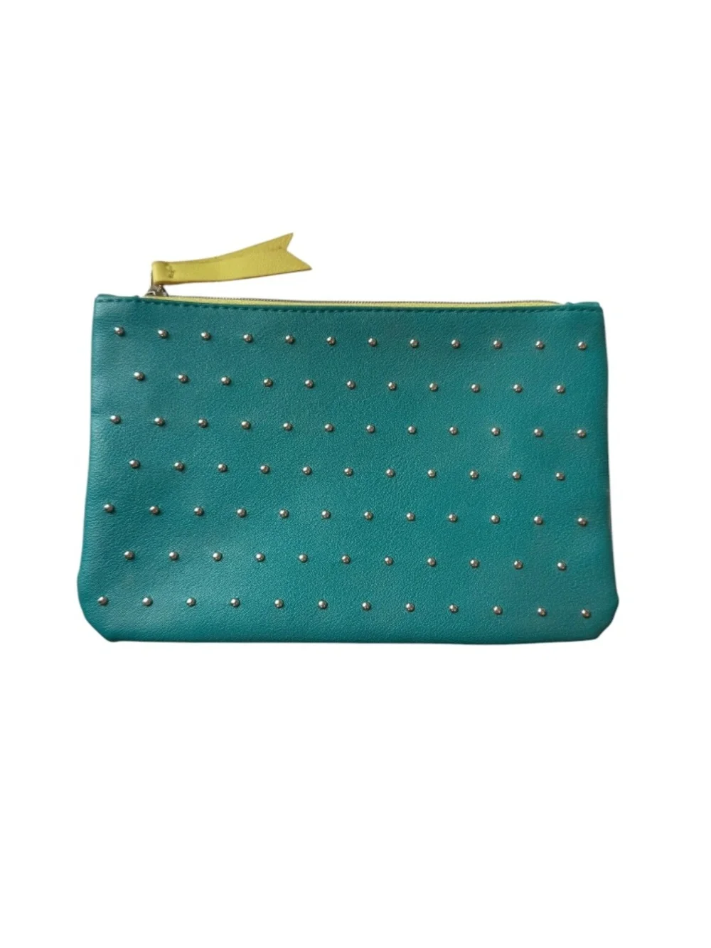 🤑 5/$25 ipsy glam bag Teal Studded Zip Cosmetic Pouch with Yellow Pull Tab