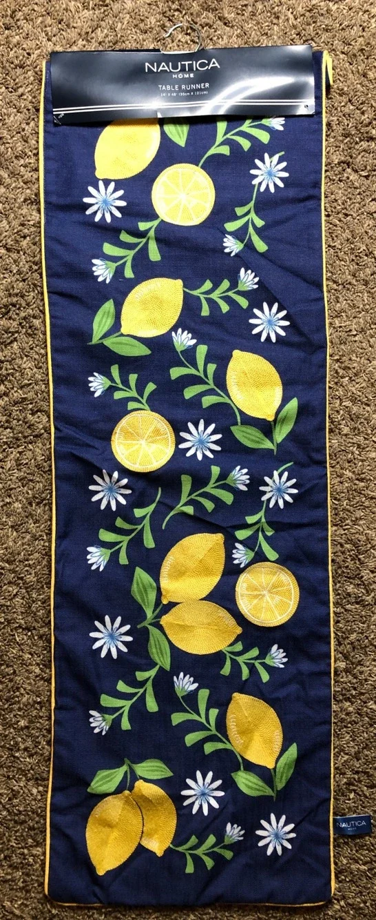 Embroidered Lemons & Daisies Table Runner Blue Background Nautica Home 48