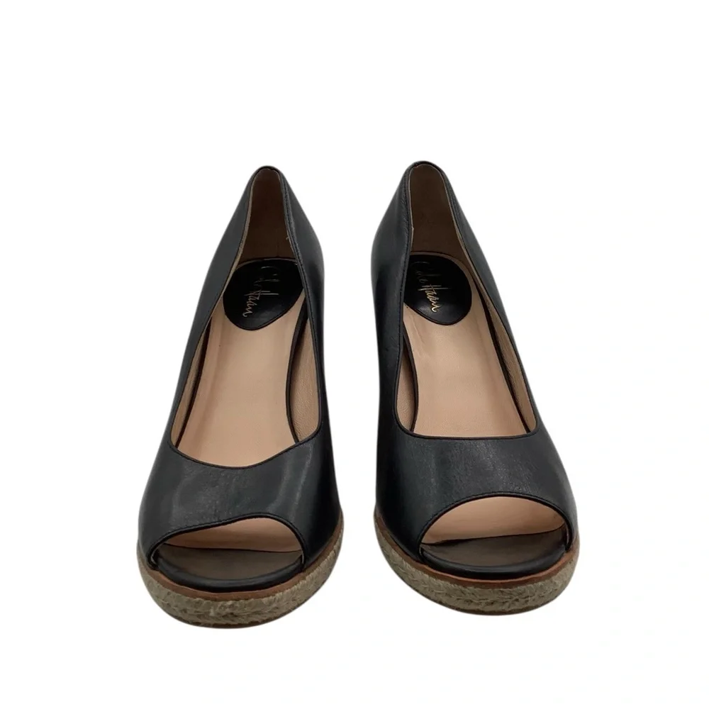 Cole Haan Black Leather Peep-Toe Wedge Espadrilles