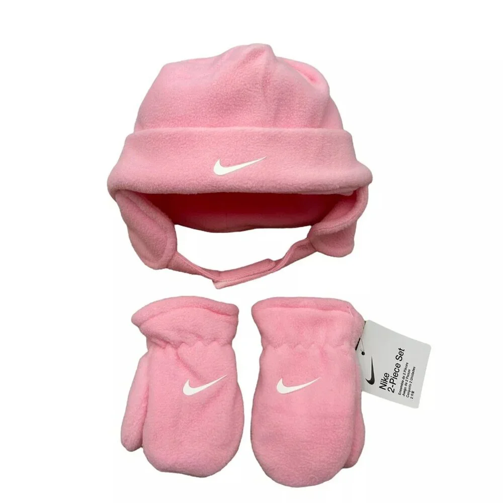 Nike Toddler Girls Fleece Chin Strap Trapper Hat & Mittens 2 Piece Set Size 2-4T