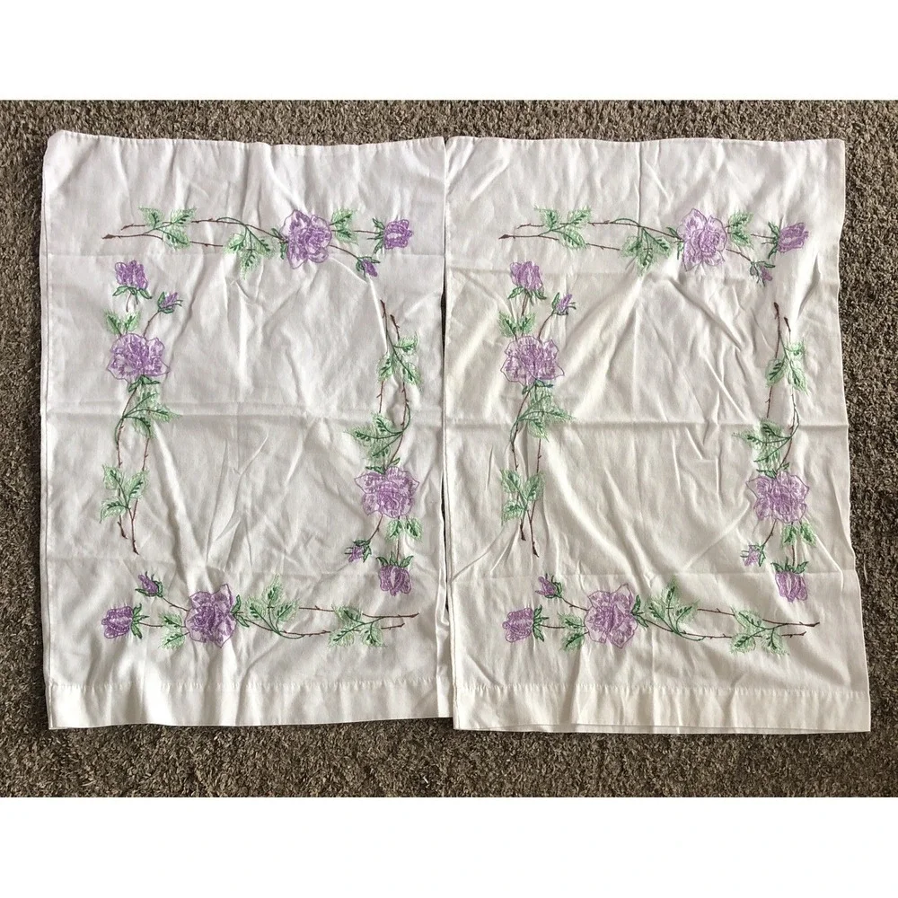 Vtg Embroidered Pillow Cases Pair 30x20 Purple Roses Green Leaves Cottagecore