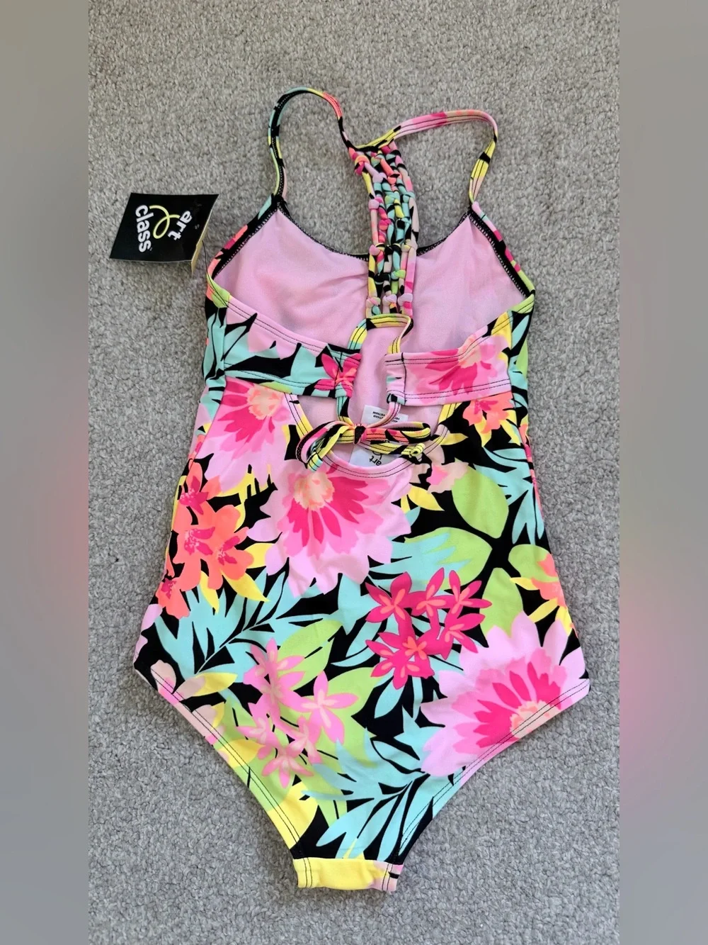 NWT Girls' Pink Floral One-Piece Swimsuit with back tie size small 6/7