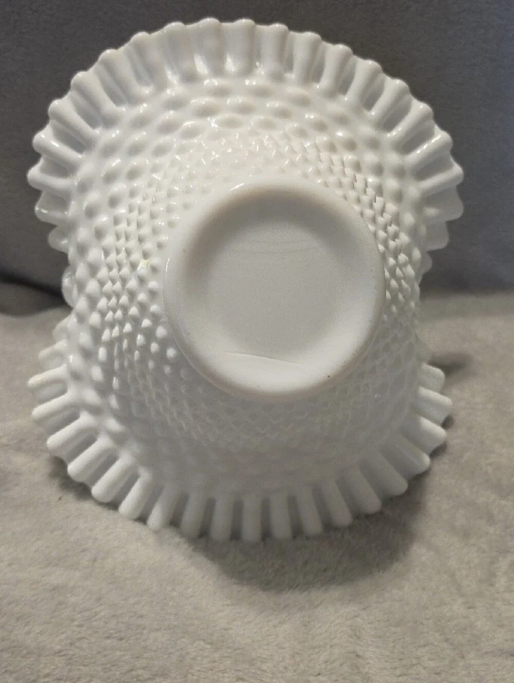 White Milk Glass Hobnail Ruffled Basket with Handle