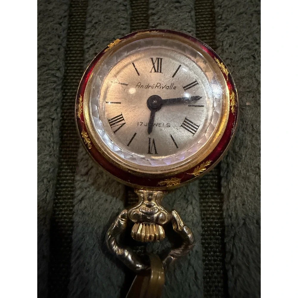 Vintage Andre Rivalle 17 Jewels Art‎ Deco Red Gold Tone Pendant Watch Working
