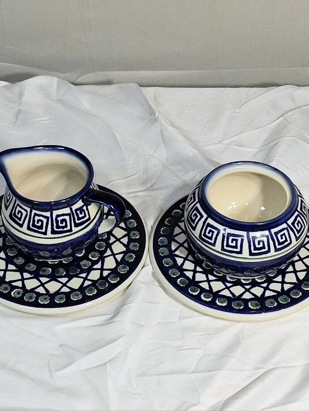 Set Of 2 Cobalt Blue Boleslawiec Saucers with Matching Creamer and Sugar Bowl