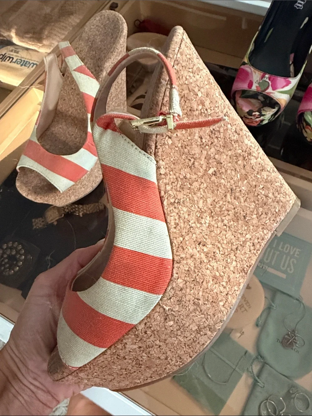 Striped Orange & Cream Cork Wedge Peep-Toe Sandals - 8