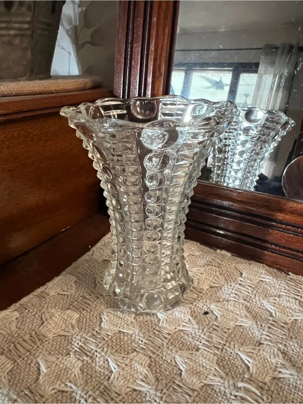 INDIANA GLASS Vintage Mayflower Pattern Bubble & Bar Textured Vase Approx 5 In.