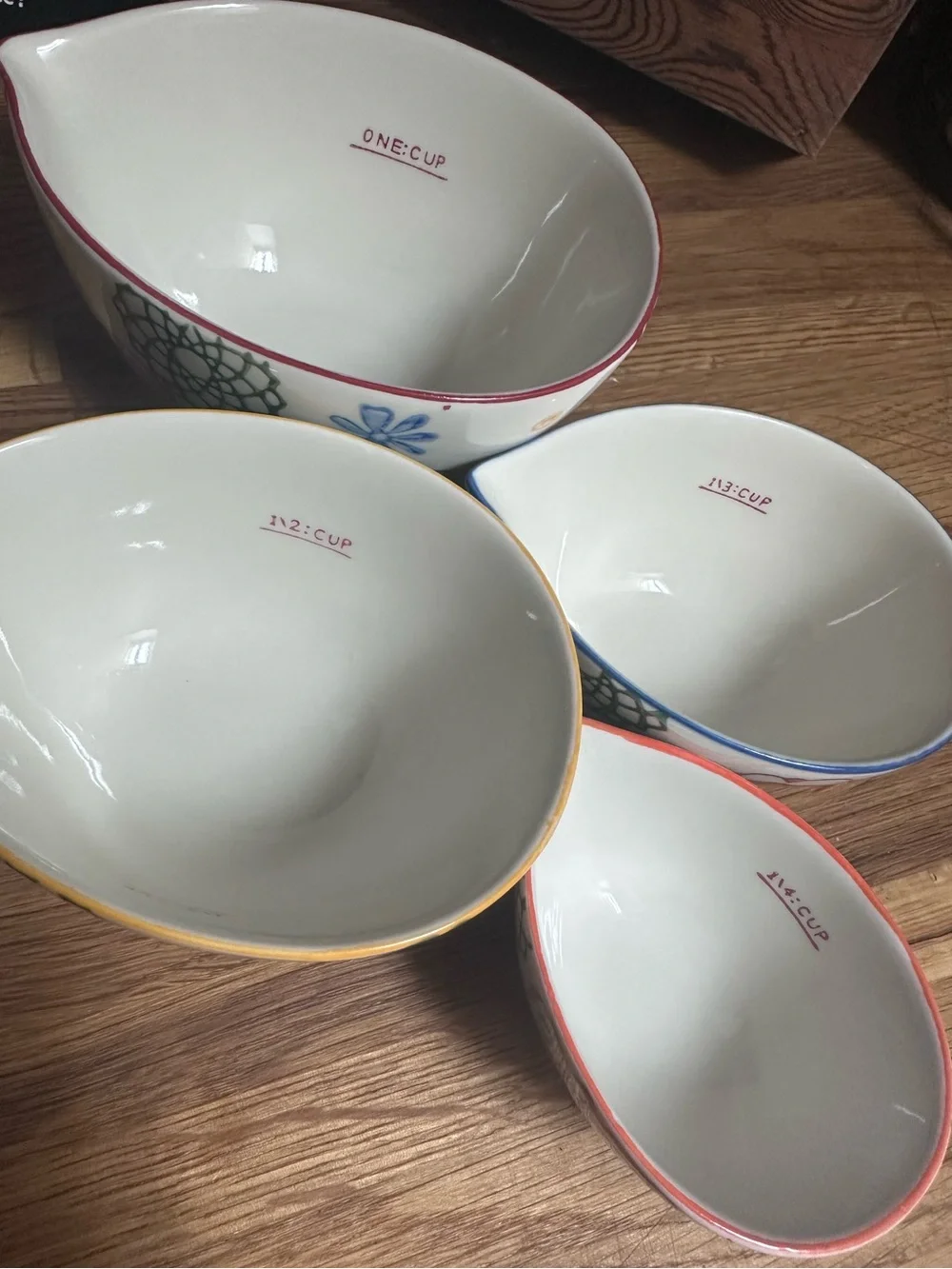 Pier 1 Nesting Measuring Bowls - White with Red, Blue, Yellow, Green Accents
