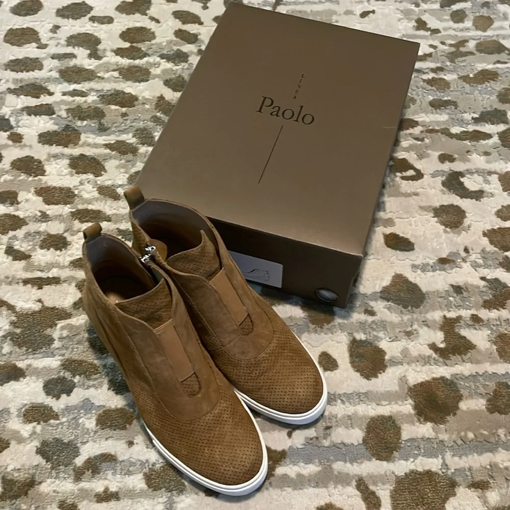 Linea Paolo Women's Anna Toffee Perforated Suede Platform Wedge Sneakers Size 7