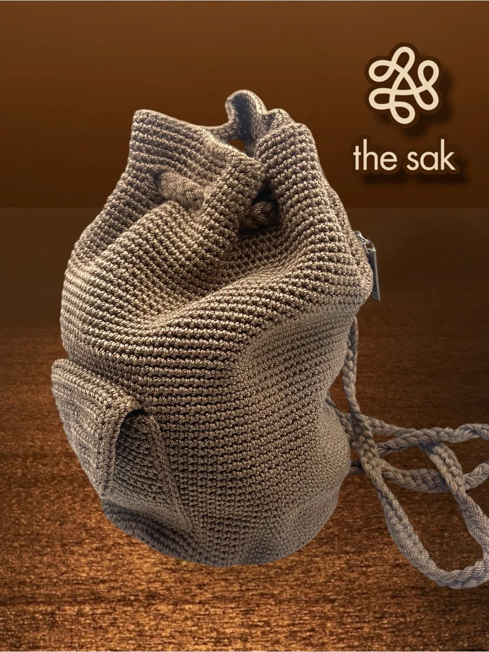 Vintage The Sak Beige Crochet Drawstring Backpack Boho Bucket Bag