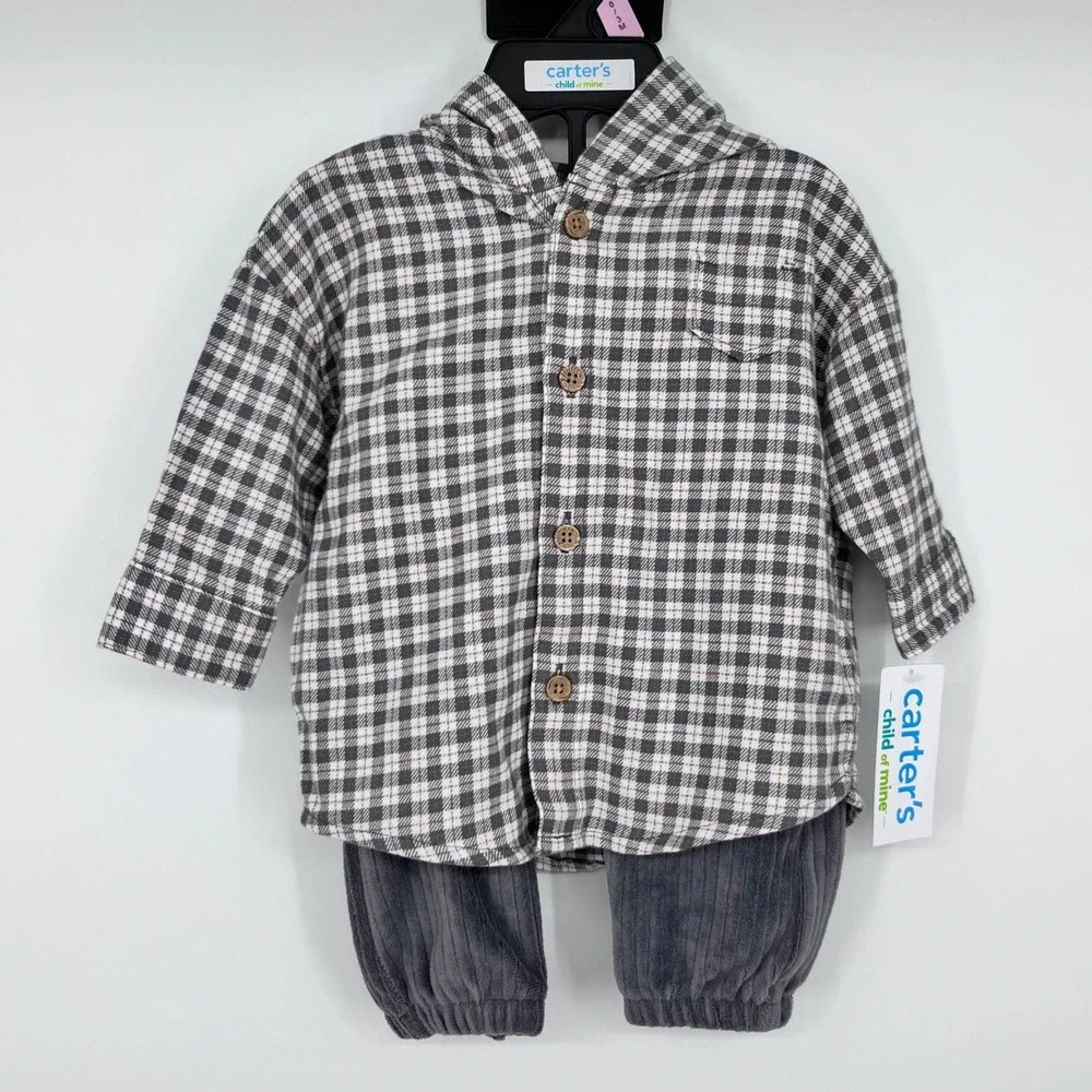 Carter's Child of Mine 2pc Outfit Set Boys 0-3M‎ Grey Plaid Hooded Shirt Pants