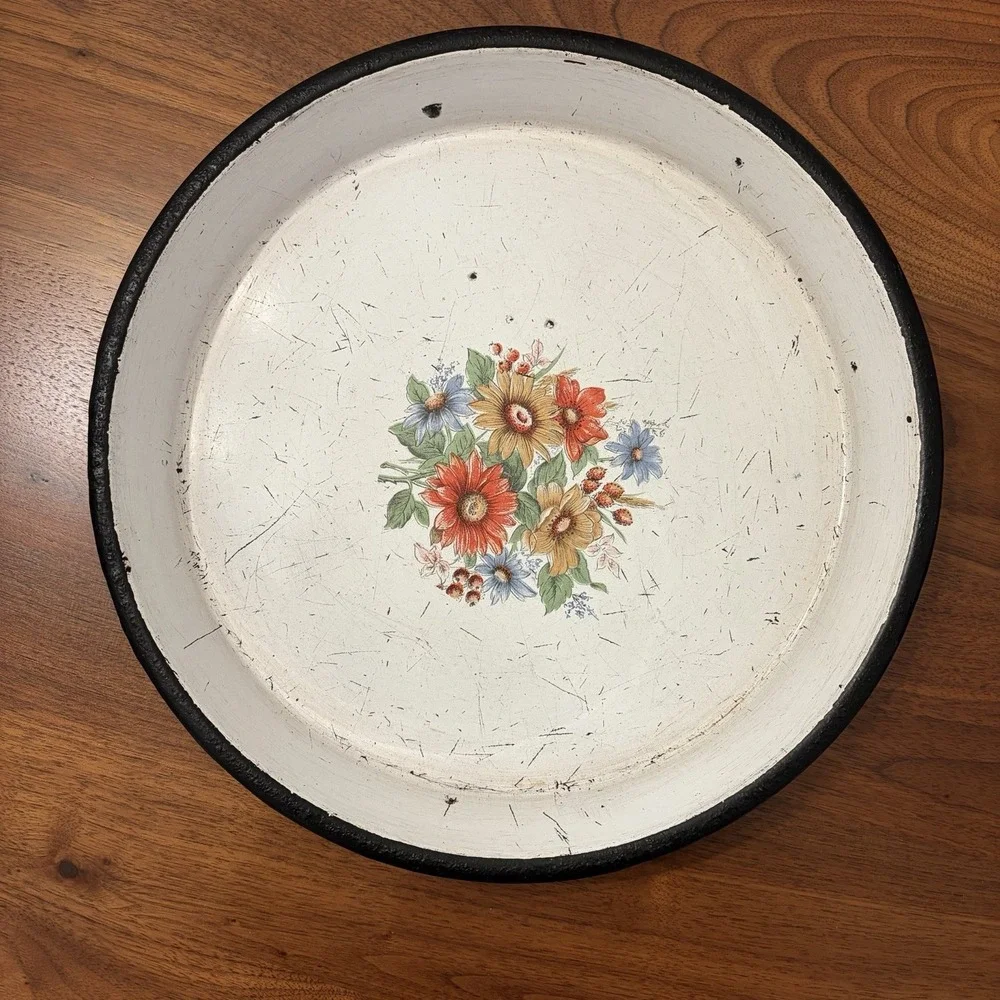 Vintage Metal Round Tray Floral Decor
