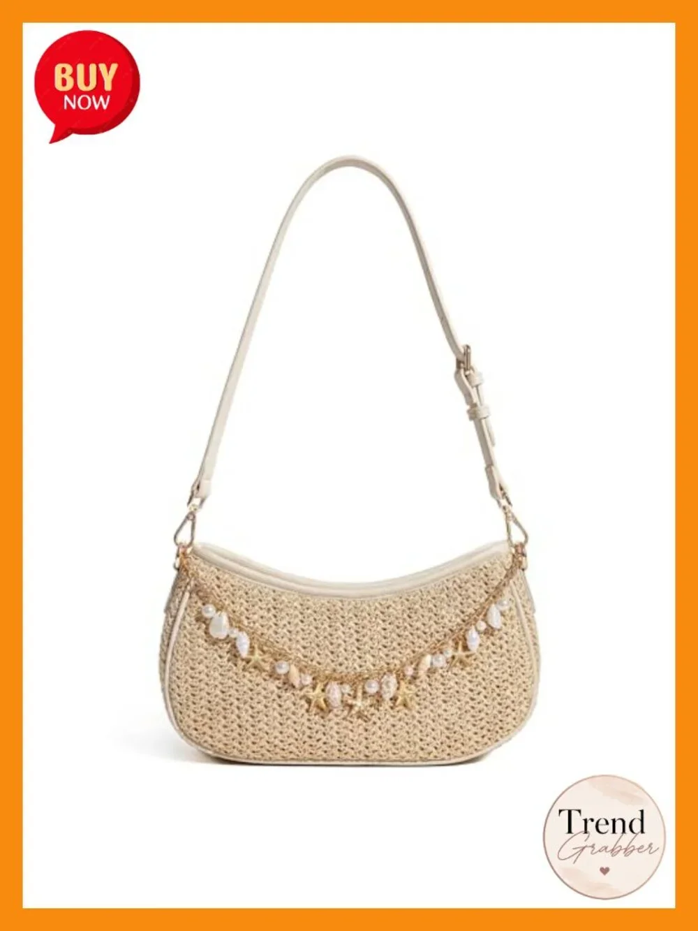 Raffia Woven Hobo Shoulder Bag with Seashell Charm Chain & Adjustable PU Strap