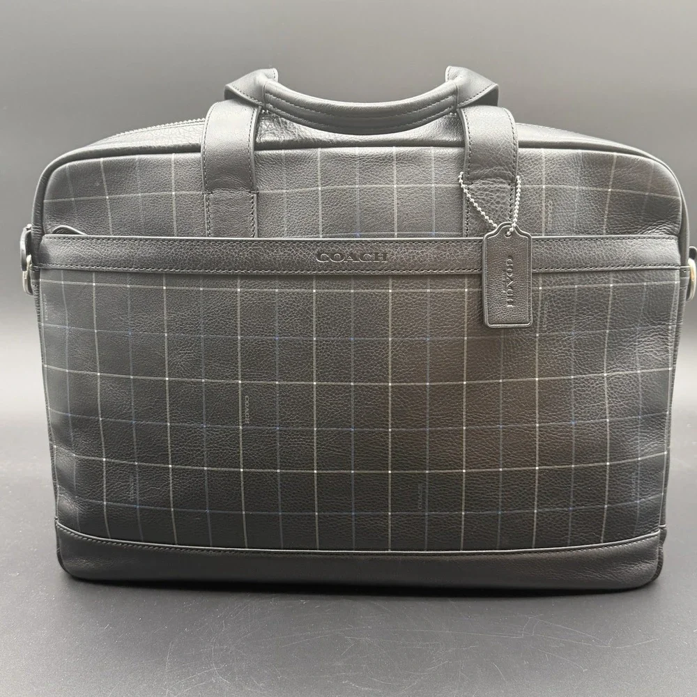 COACH Bag Briefcase Business Men's Leather Black‎ F71561 HUDSON Rare Plaid NWOT