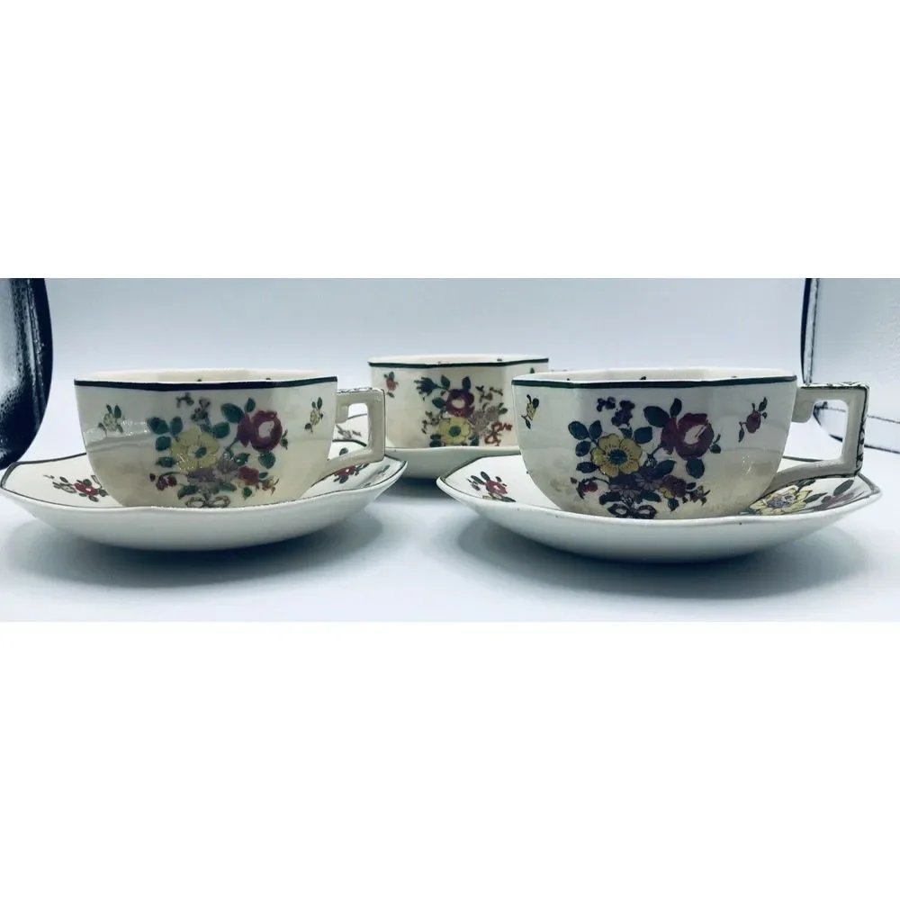 Royal Doulton Old Leeds Sprays D3548‎ 3Cups & 3 Saucers England 1920s