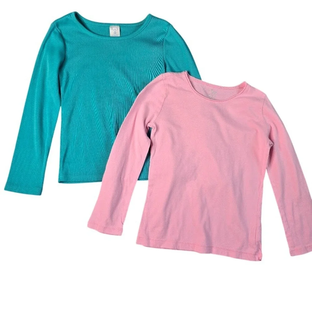 The Children's Place Long Sleeve Shirts Girls‎ S 5/6 Teal Pink Basics Ribbed 2pk