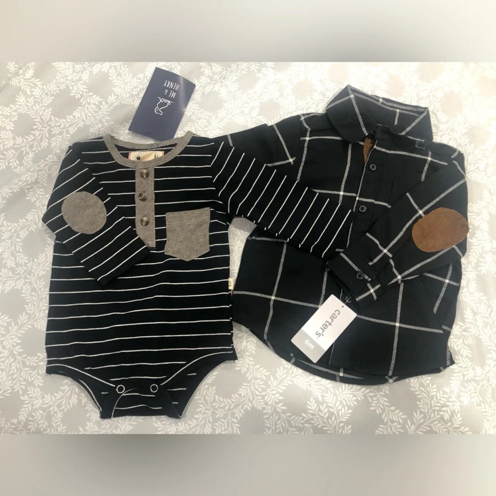 Baby Boys‎ Shirt Lot Of 2 0-6 Months Carter's Me & Henry Black Striped Plaid