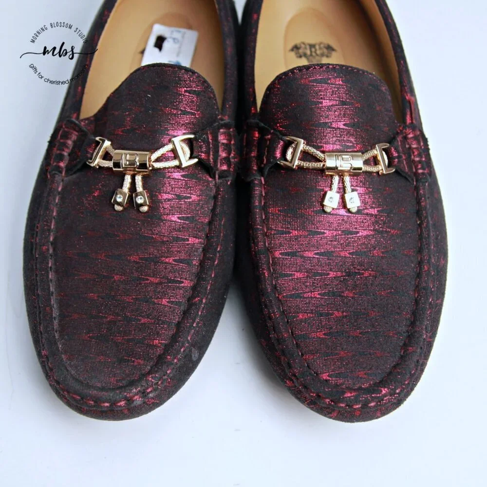 NWT Royal‎ Shoes Metallic Loafers with Golden Decor Burgundy Men 8