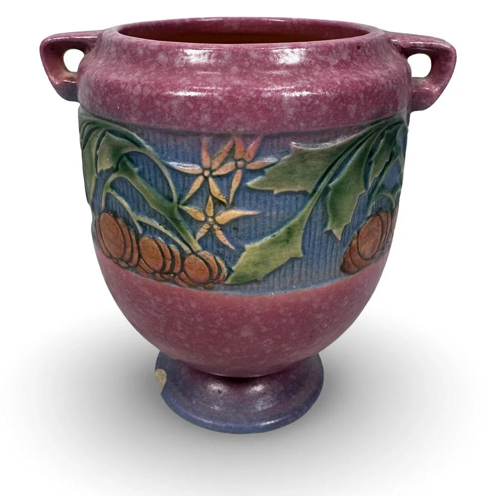 Vintage‎ Roseville Baneda Art Pottery Vase Pink Blue Floral Handles 606-7 READ