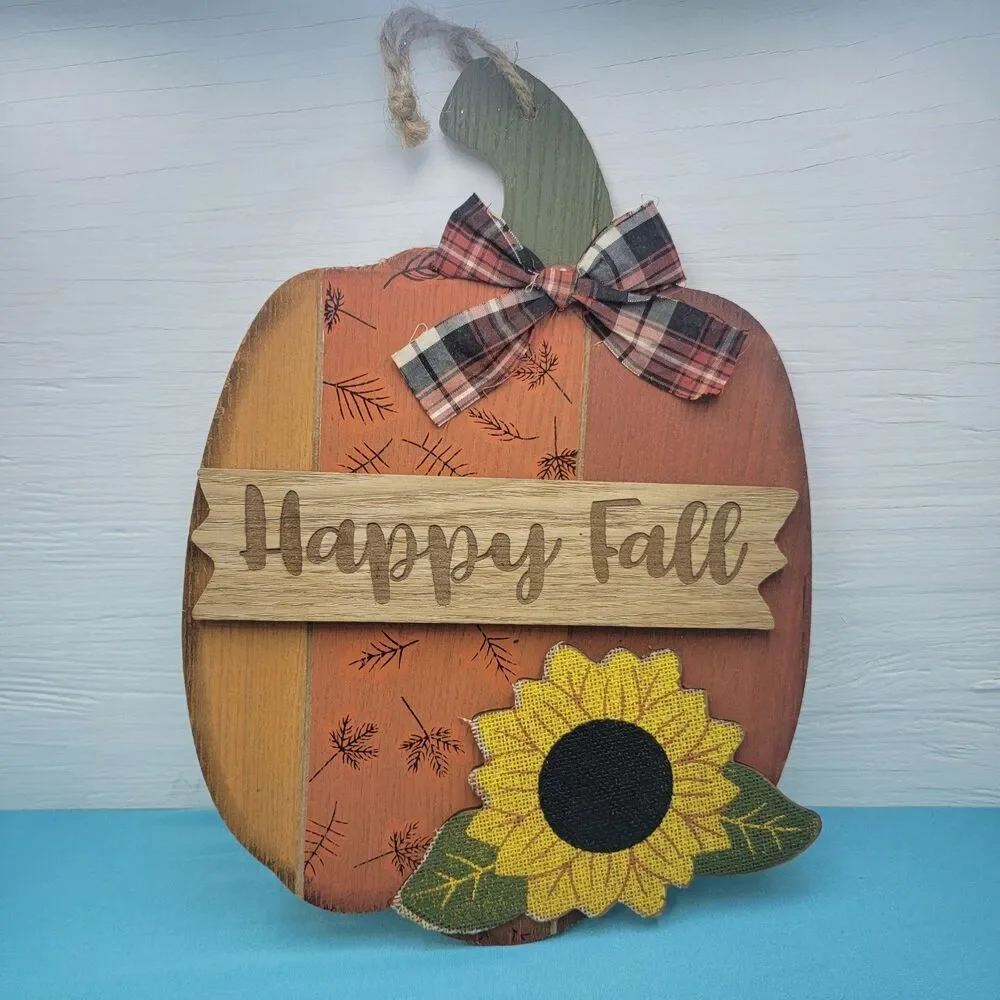 Happy Fall PUMPKIN SIGN Door Hanger Autumn Rustic Primitive Plaque Decor