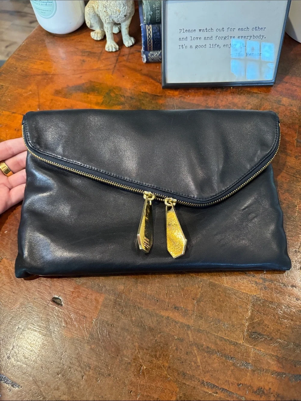 henri bendel Black Leather Fold-Over Clutch with Gold Chain
