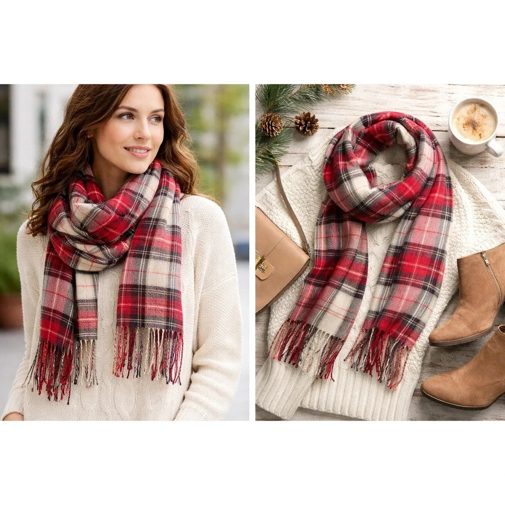 D&Y Plaid Scarf Women OS Red Cream Softer Than Cashmere‎ Acrylic Fringe Tartan