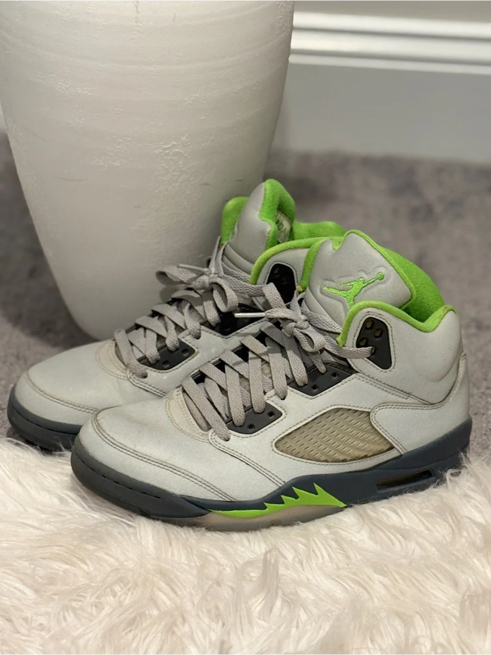 Air Jordan 5 Retro Grey & Neon Green Basketball Sneakers