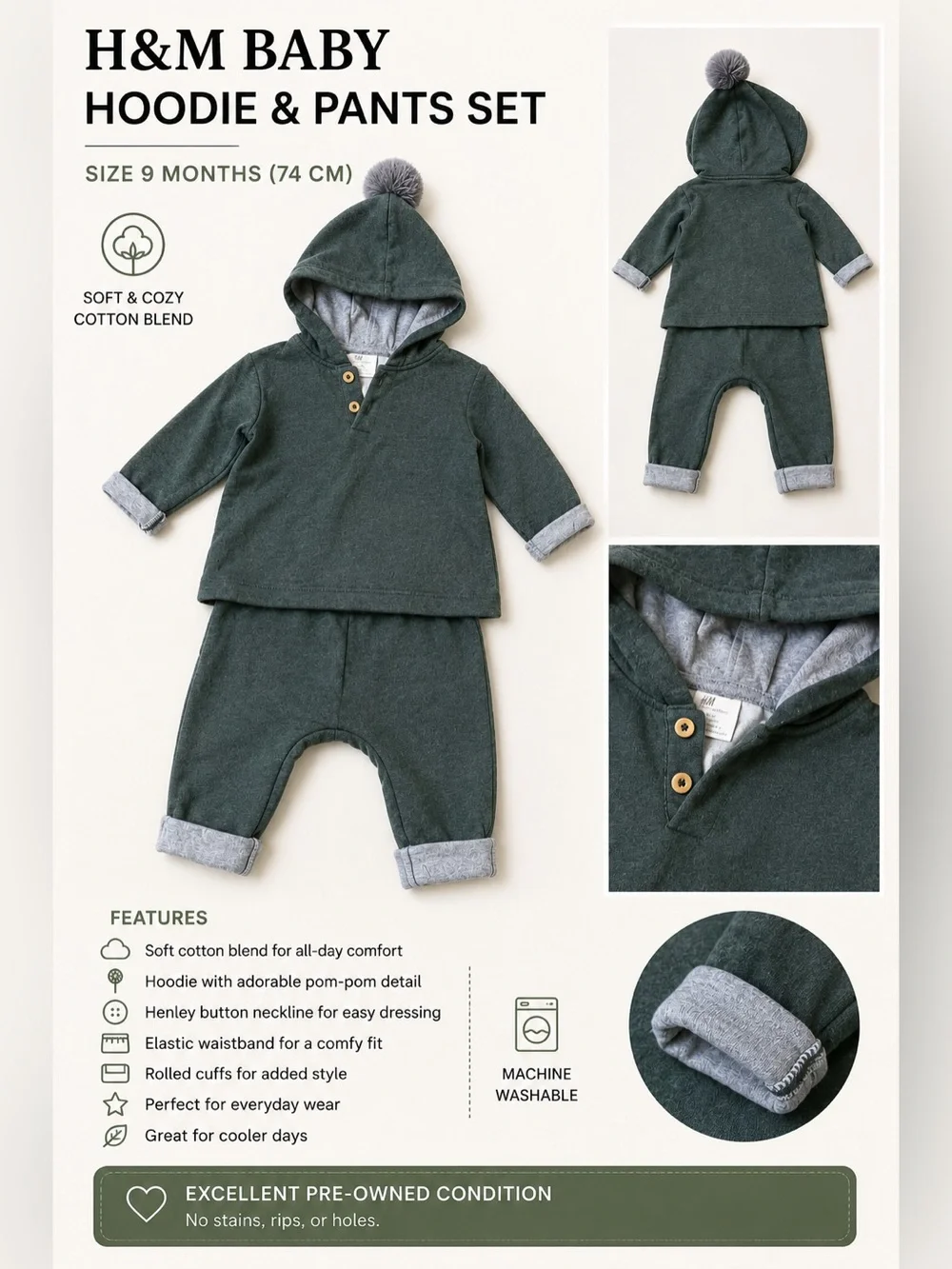 H&M Organic Cotton Baby Hoodie & Jogger Set | Sage Green | Size 9 Months (74 cm)