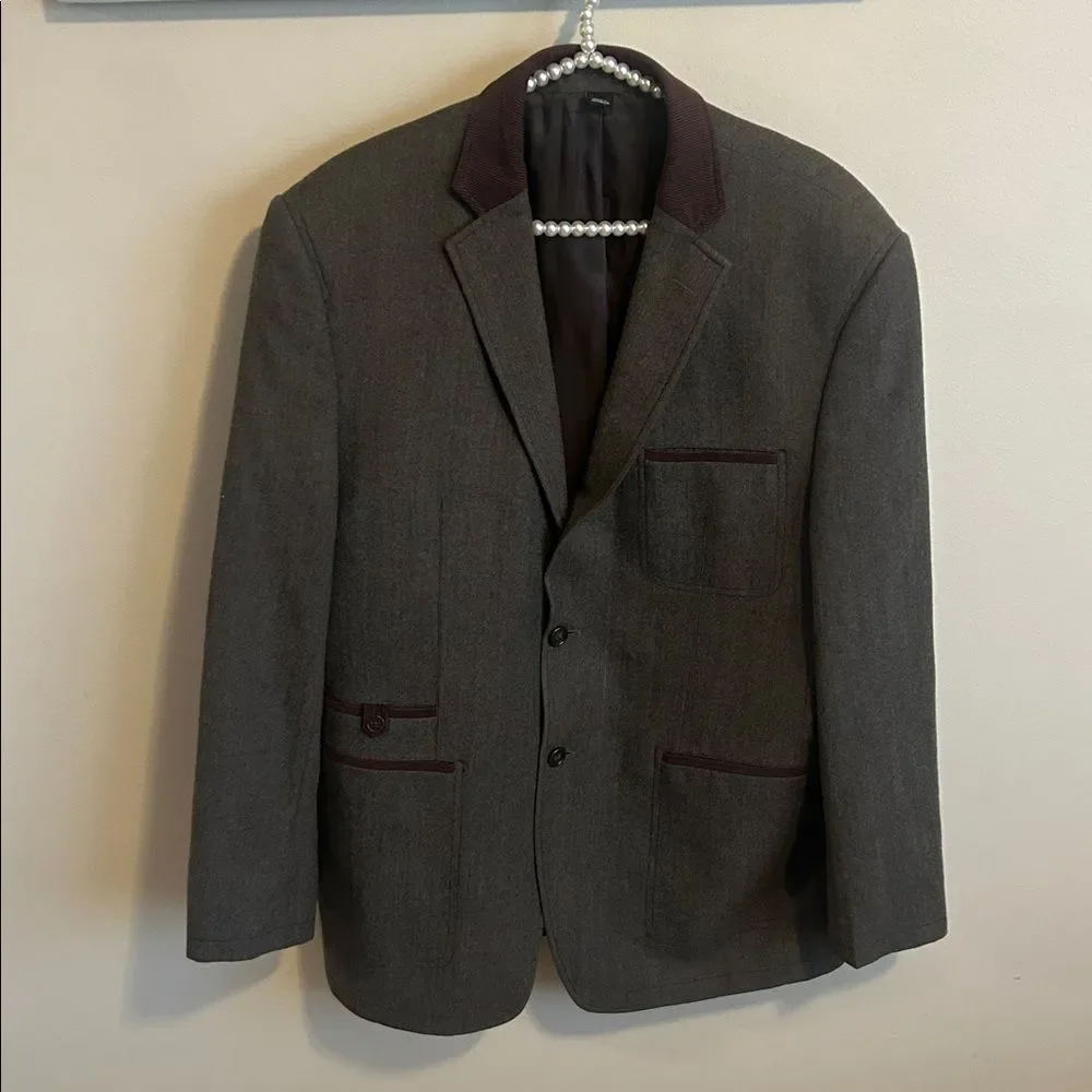 Paul Fredrick Grey Green Wool Sport Coat Brown Corduroy Trim 42R