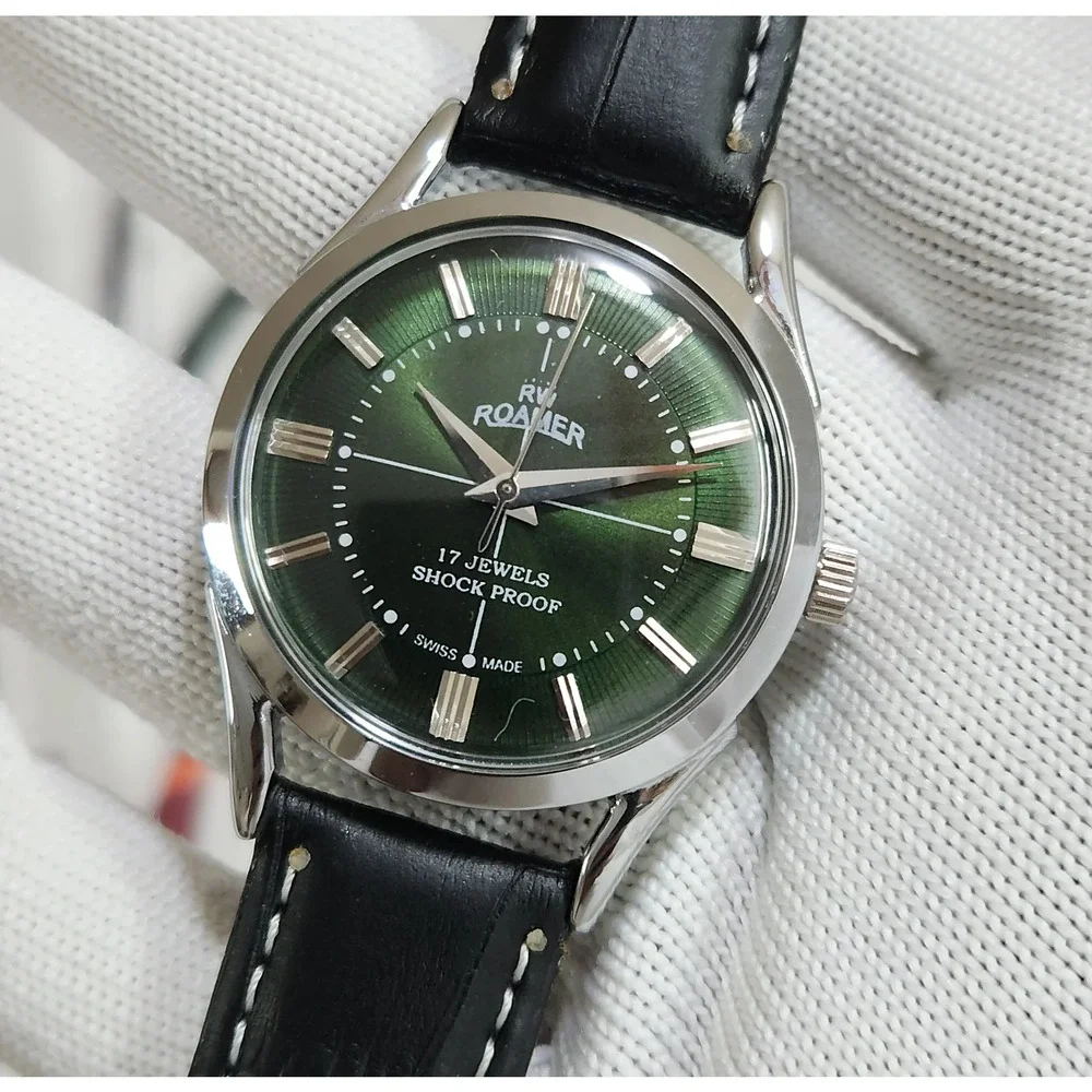 Vintage 1975 Roamer Manual Mens Silver Watch W/Leather Strap & Green accents