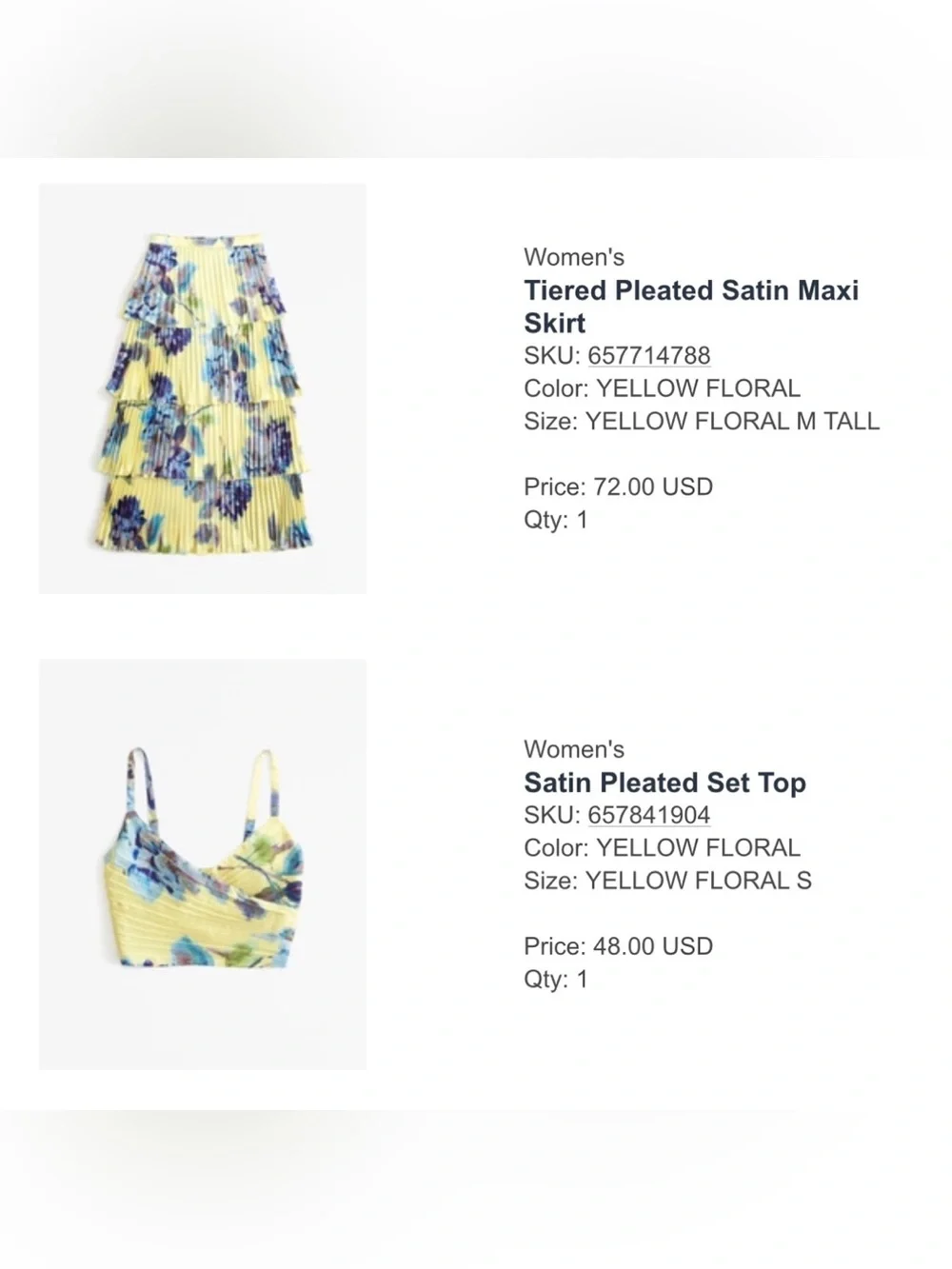 Abercrombie & Fitch Yellow Floral Satin Pleated Set (Top & Maxi Skirt)