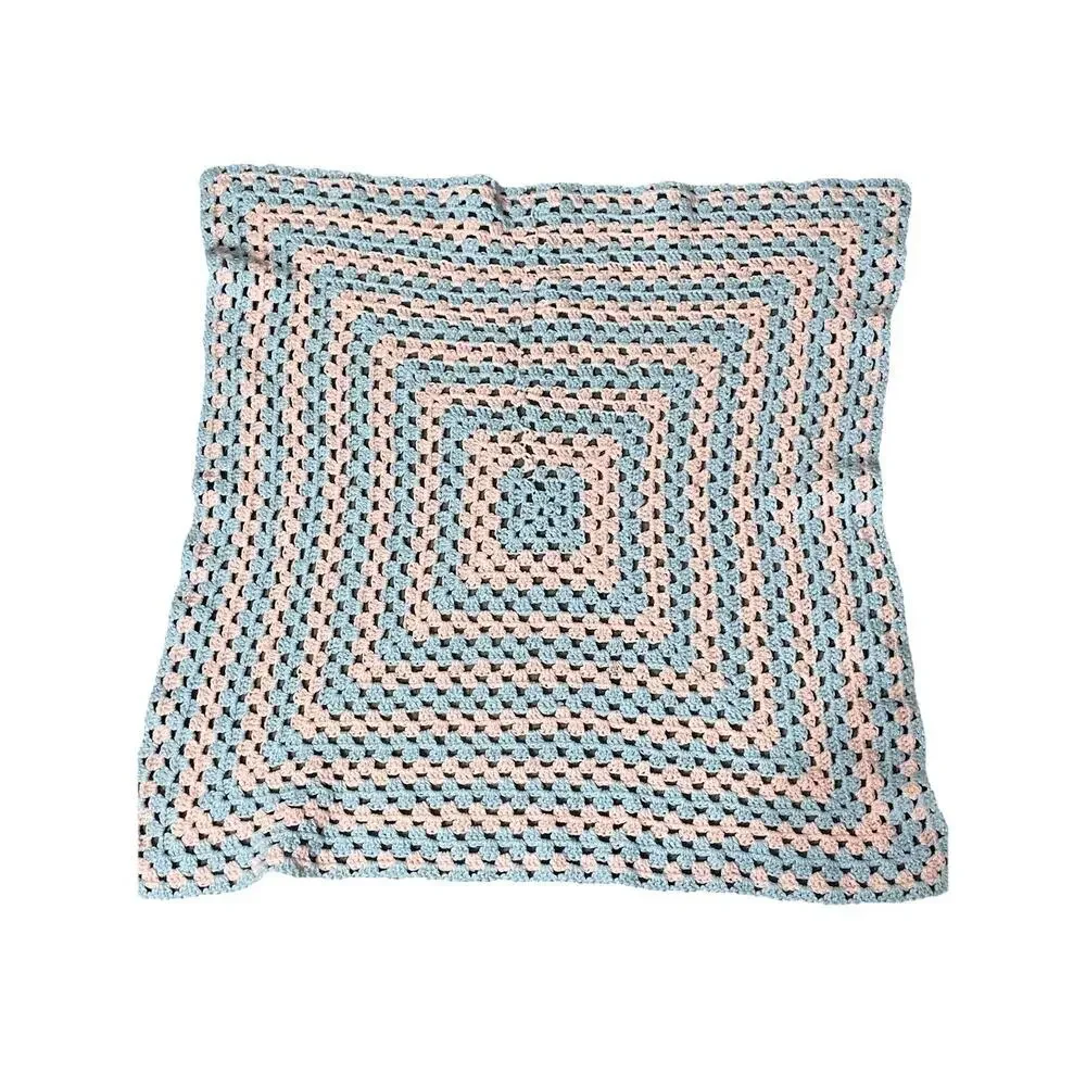 Handmade Pink & Blue Crochet Granny Square Baby Afghan Blanket 29x29