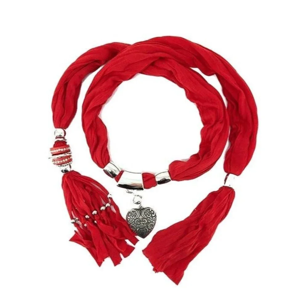 Red Scarf/Necklace Accessory w/Silver Heart Charm - New w/Tags