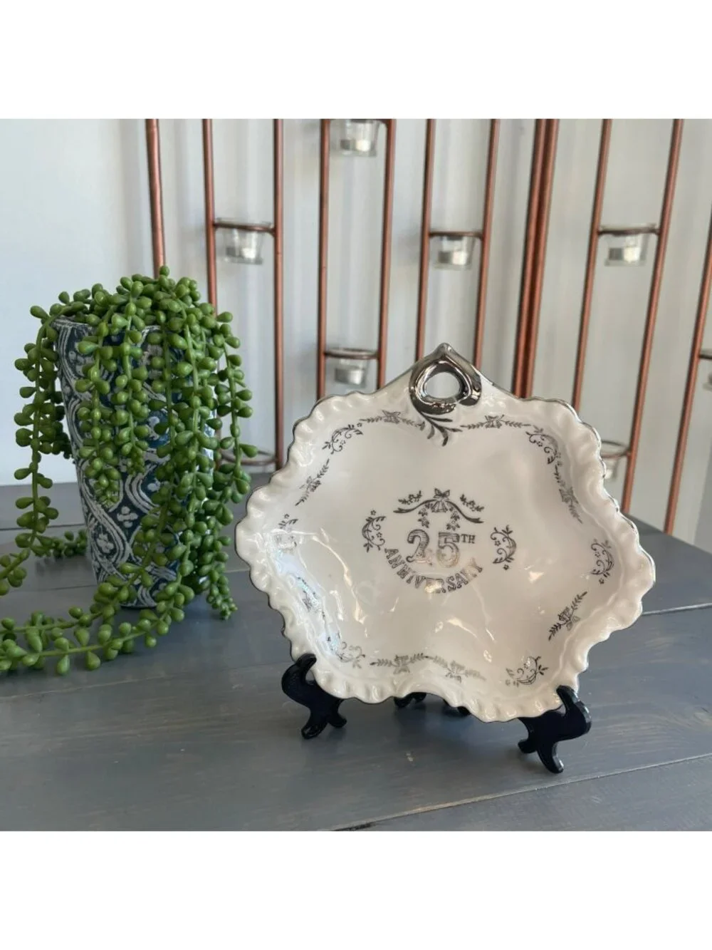 Vintage 25th Anniversary Decorative Porcelain China Bowl Hand Painted Silver