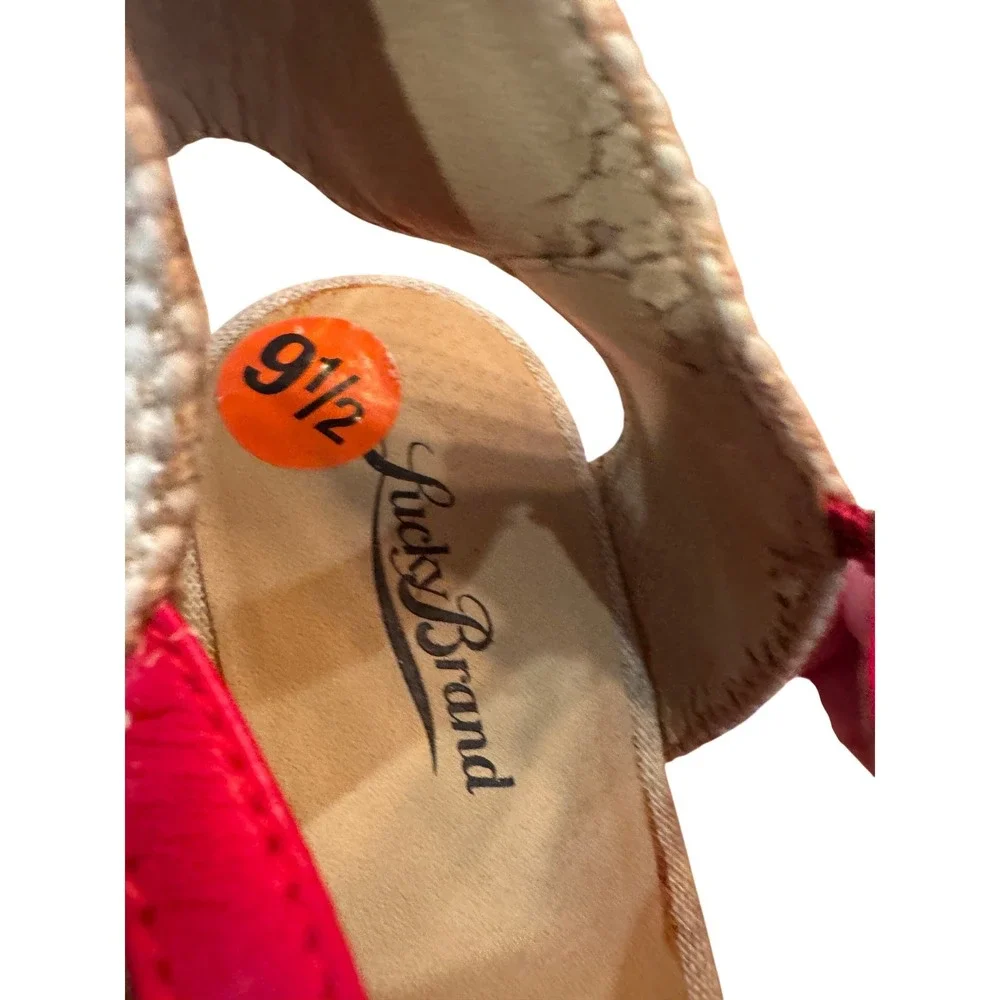 Lucky Brand Women's Red Woven Espadrille Wedge Sandals Size 9.5 ankle strap boho