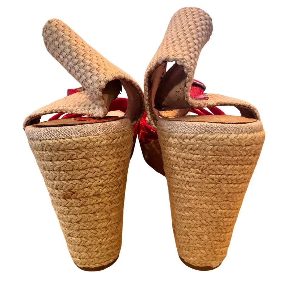 Lucky Brand Women's Red Woven Espadrille Wedge Sandals Size 9.5 ankle strap boho