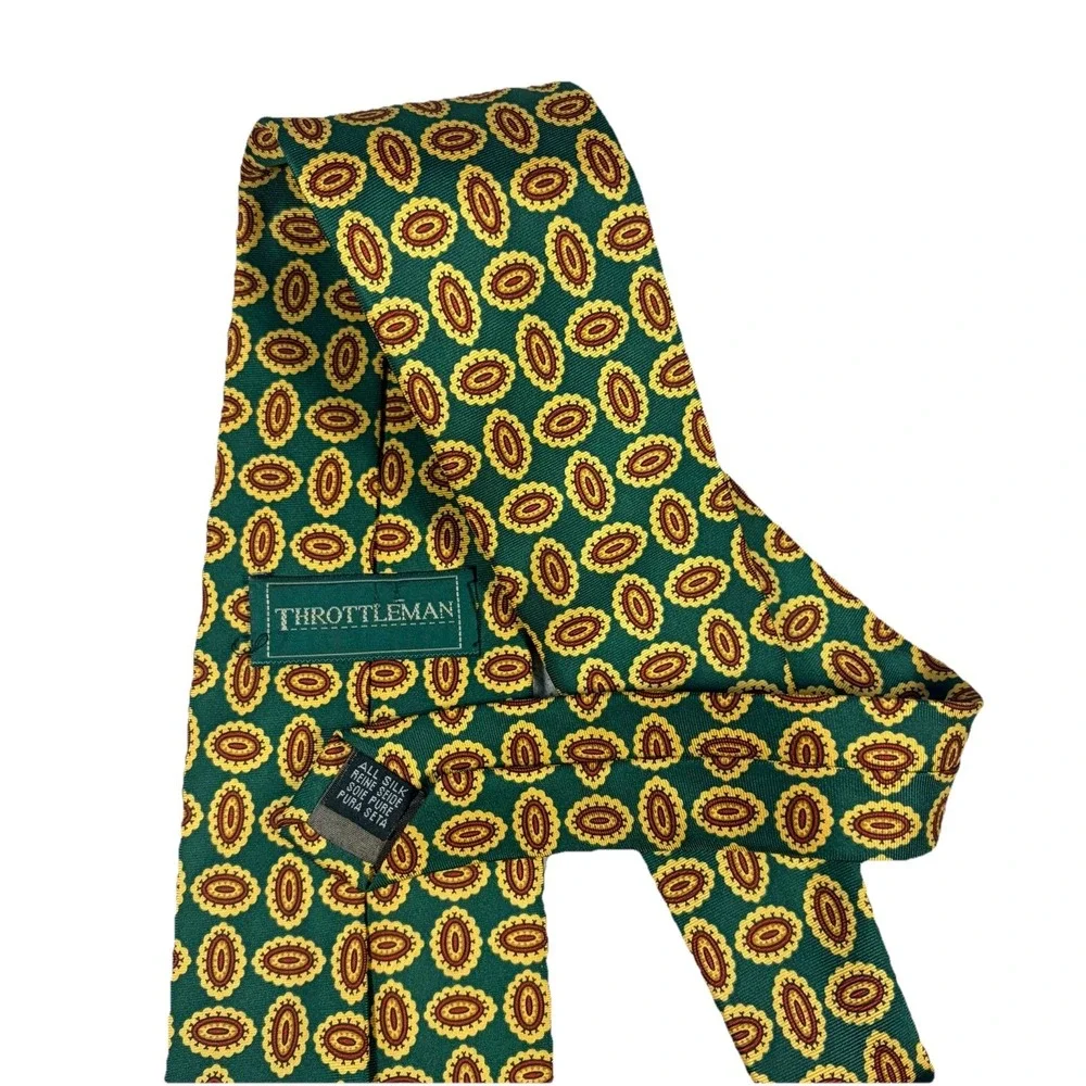 Throttleman‎ England Silk Tie Vintage Green Yellow Geometric Designer Necktie